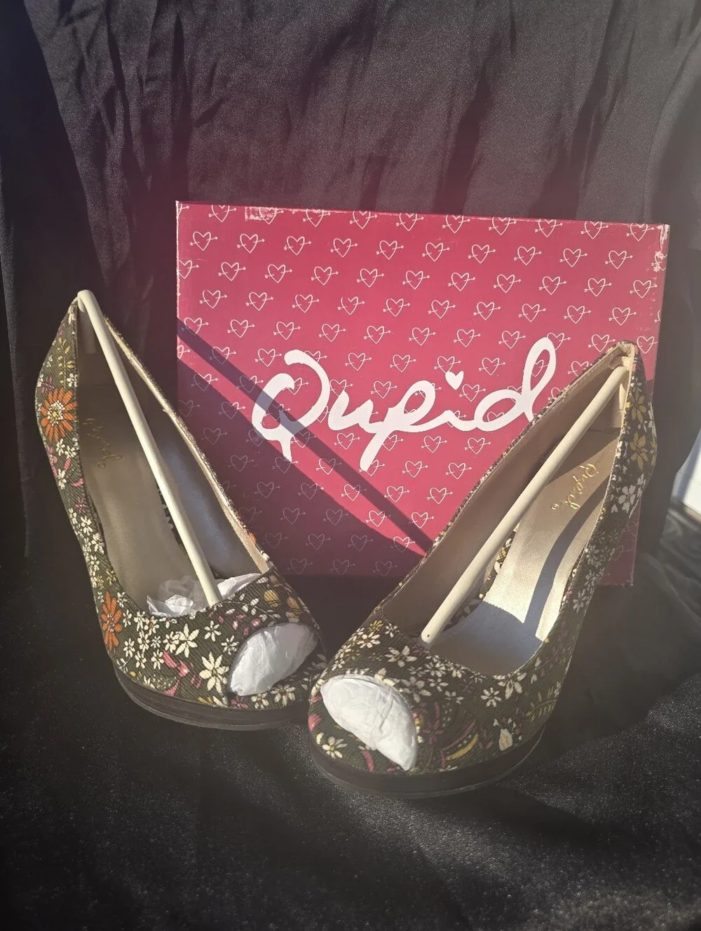 Qupid Olive Green Floral Peep-Toe Wedges